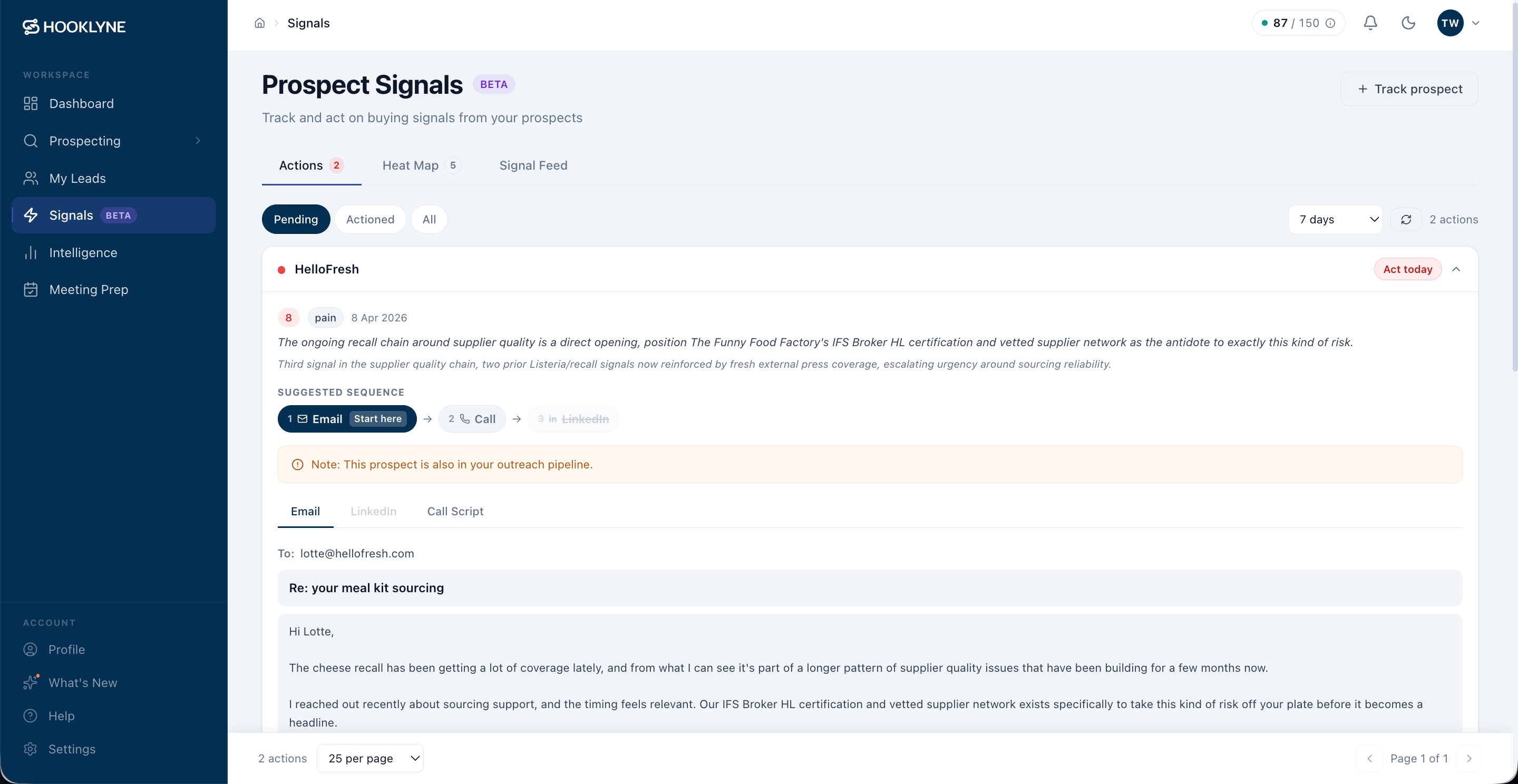 Hooklyne portal - Prospect Signals view showing signal scores, outreach sequences, and ready-to-send emails
